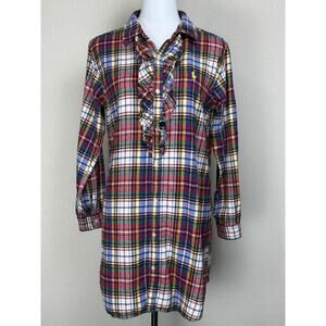 Ralph Lauren Women's M Plaid Flannel Shirt Dress Red Blue Yellow White Ruffle